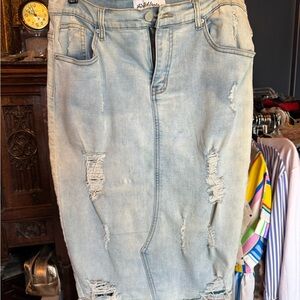 Distressed Light Blue Denim Maxi Skirt
